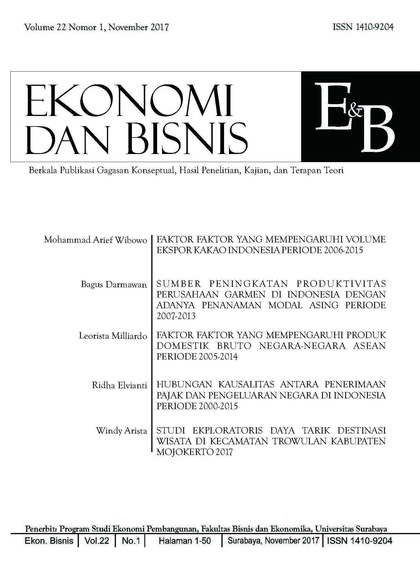 Faktor Faktor Yang Mempengaruhi Volume Ekspor Kakao Indonesia Periode 2006 2015 Jurnal Ekonomi Dan Bisnis